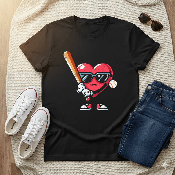 Baseball Heart Sports Holiday Graphic Romantic Valentine Love T-Shirt, for Men & Women, up to Size 5XL