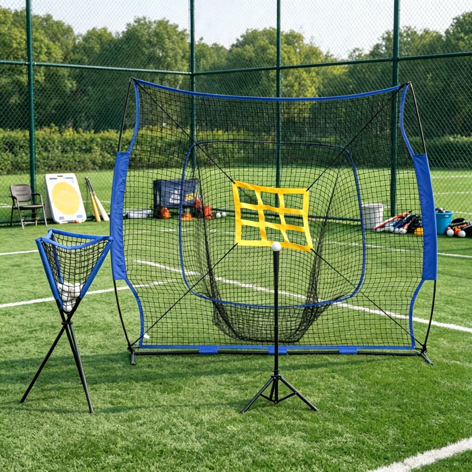 Baseball Hitting Net Set with Adjustable Batting Tee, 120-Ball Caddy & 12 Baseballs, Portable Steel Frame Softball Practice Net with Carry Bag for Backyard Training