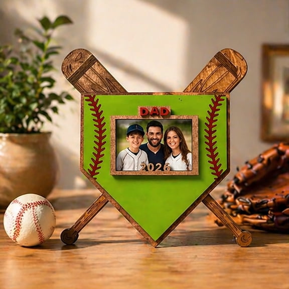 Baseball Home Plate Photo Frame, Wooden Keepsake Display for Dad, Tabletop/Wall Hanging 3" Picture Holder