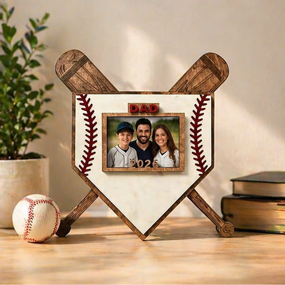 Baseball Home Plate Photo Frame, Wooden Keepsake Display for Dad, Tabletop/Wall Hanging 3" Picture Holder