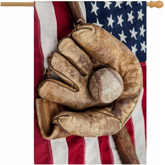 Baseball House Flags 28 x 40 Double Sided Burlap Bat and Glove on an American Flag Yard Flags Spring Summer Farmhouse Seasonal Outdoor Flag