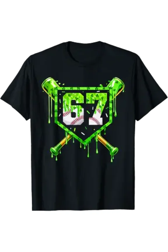 Baseball Ice Cream Drip Shamrocks 6 7 Meme St. Patrick'S Day T-Shirt