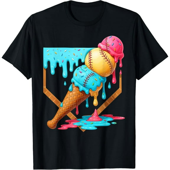 Baseball Ice Cream Dripping Funny Baseball Tee For Men Boys T-Shirt
