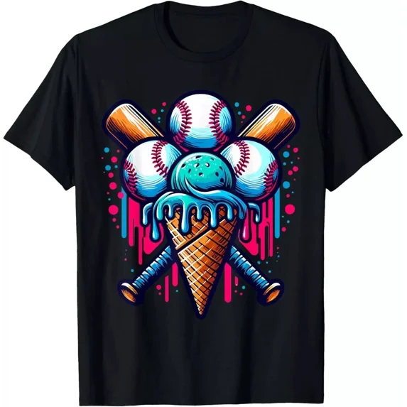 Baseball Ice Cream Watercolor Sports Lover Ice Cream Cone Tee