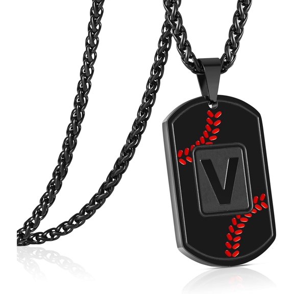 Baseball Initial A-Z Letter Necklace Dog Tag for Men Son Boyfriend Stainless Steel Pendant Sports Athletes Jewelry Gifts 24 Inch Chain