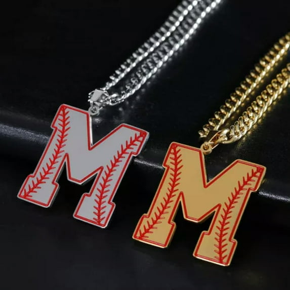 Baseball Initial A-Z Letter Pendant Necklace Cuban Chain Stainless Steel Jewelry