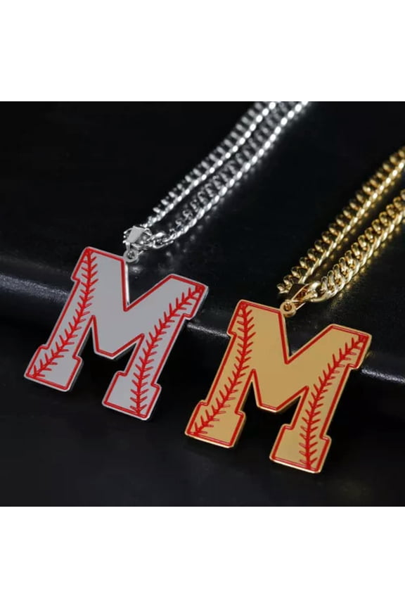 Baseball Initial A-Z Letter Pendant Necklace Cuban Chain Stainless Steel Jewelry