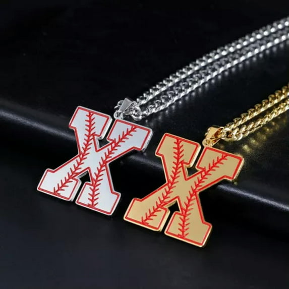 Baseball Initial A-Z Letter Pendant Necklace Cuban Chain Stainless Steel Jewelry