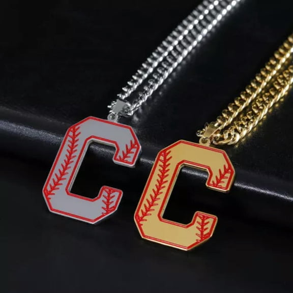 Baseball Initial A-Z Letter Pendant Necklace Cuban Chain Stainless Steel Jewelry