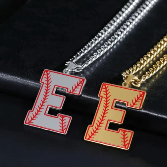 Baseball Initial A-Z Letter Pendant Necklace Cuban Chain Stainless Steel Jewelry