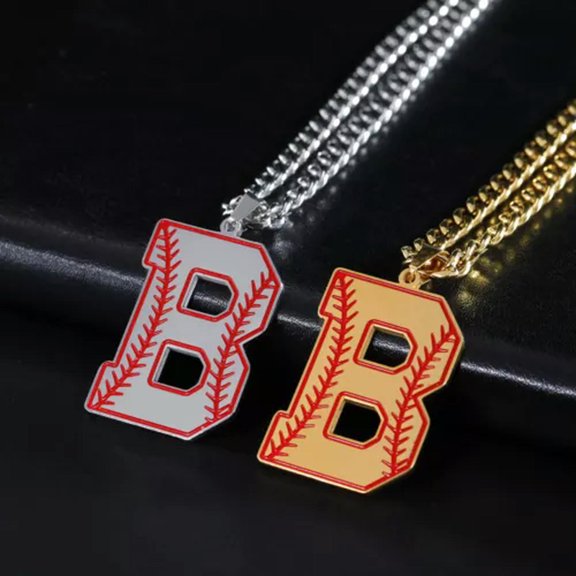 Baseball Initial A-Z Letter Pendant Necklace Cuban Chain Stainless Steel Jewelry