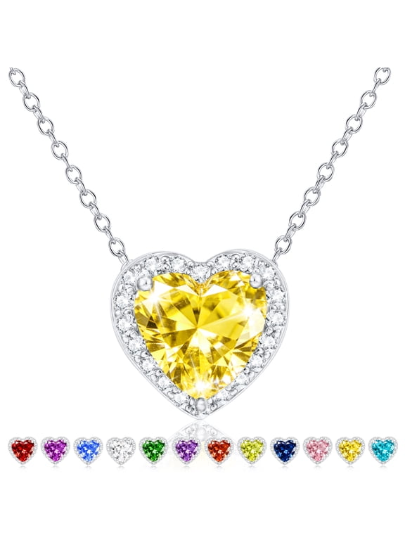 S925 Sterling Silver Plated Love Heart Necklaces for Women CZ November Birthstone Pendant Chain with Yellow Citrine Topaz Birthday Jewelry Gifts Teen Girls