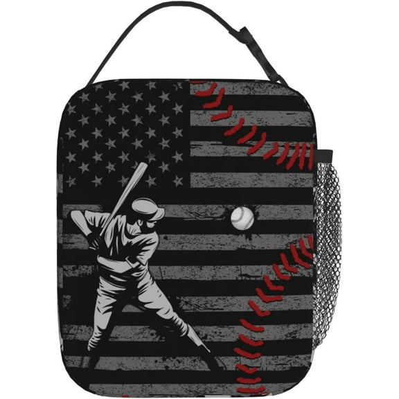 Baseball Insulated Lunch Box - American Flag Sports Design With Handle, Reusable Cooler Tote For Adults, Work, Picnic, Travel, Hiking 10"Lx 8"Wx4"H