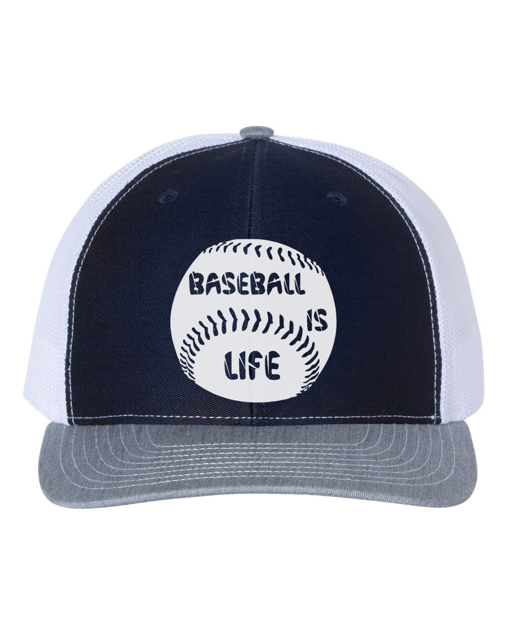 Baseball Is Life, Baseball Hat, Baseball Cap, Trucker Hat, Baseball Gear, Baseball Lover, Sports Hat, Snapback, 10 Colors!, White Text, Navy/White/Heather - image 1 of 1
