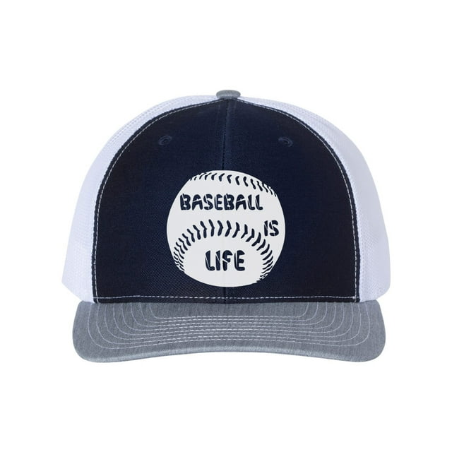 Baseball Is Life, Baseball Hat, Baseball Cap, Trucker Hat, Baseball Gear, Baseball Lover, Sports Hat, Snapback, 10 Colors!, White Text, Navy/White/Heather