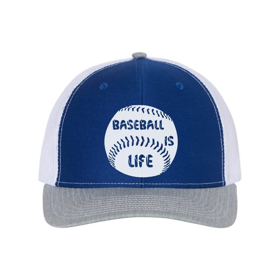 Baseball Is Life, Baseball Hat, Baseball Cap, Trucker Hat, Baseball Gear, Baseball Lover, Sports Hat, Snapback, 10 Colors!, White Text, Royal/White/Heather