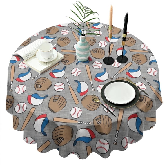 Baseball Items Pattern Round Tablecloth 60"x60",Wrinkle Wipeable Table Cloth for Kitchen Dining Room Picnic Patio Party
