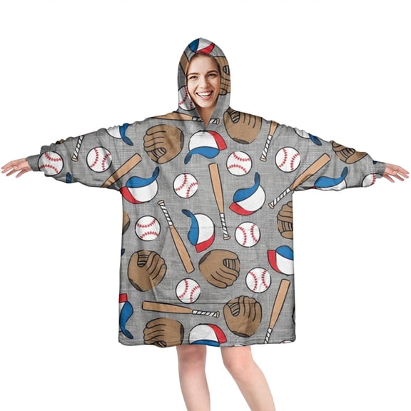 Baseball Items Pattern Wearable Oversized Blanket,Wearable Blanket Hoodie for Adults,Cozy Hooded Blankets with Super Pockets,Super Warm Fuzzy Pullover for Women & Men