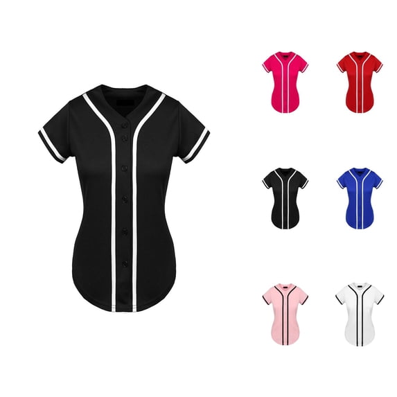 Baseball Women Summer Short Sleeve Button Down V Neck Plain T Shirts Hop Softball Sports Active Tee