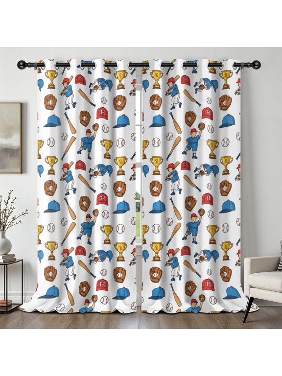 Baseball Kids and Caps White Blackout Curtains,Triple Weaved Fabric,Thermal Insulated,Room Darkening,Grommet Top,2 Panels,52x108in(132x274cm)