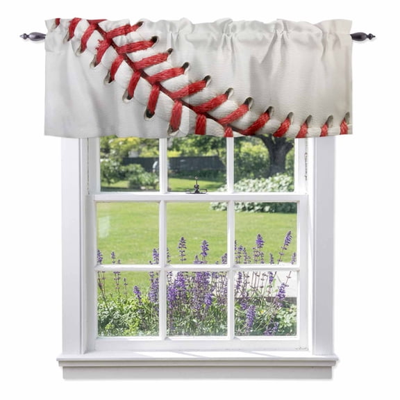 Baseball Kitchen Curtain Valances for Windows Farmhouse Short Curtains, Red White Texture Sports Ball Minimalist Rod Pocket Valance Curtain for Bedroom Cafe Living Room