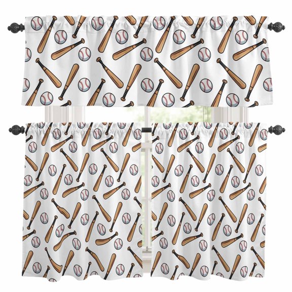 Baseball Kitchen Curtains Set for Windows, Retro Sports Style Baseball Bats Minimalist Modern Curtains Valance and Tier 3 Piece Set Small Drapes 24 Inch Length for Kitchen Bedroom Decor