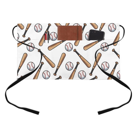 Baseball Kitchen Restaurant Half Waist Apron, Retro Sports Style Baseball Bats Minimalist Modern Server Short Apron with 3 Pockets Waterproof Oil Waist Aprons for Women Waitress Waiter