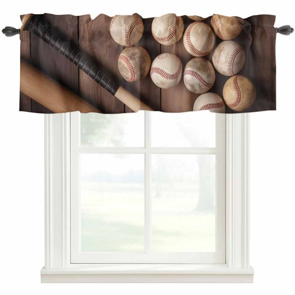 Baseball Kitchen Valances for Windows, Farmhouse Retro Sport Theme Brown Wooden Grain Bathroom Window Valances 60x18 Inch Rod Pocket Window Treatments Valance Curtains for Living Room Bedroom Decor