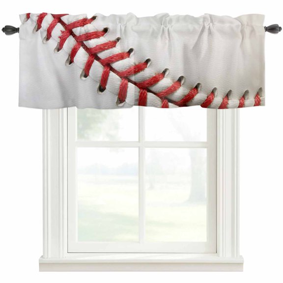 Baseball Kitchen Valances for Windows, Red White Texture Sports Ball Minimalist Bathroom Window Valances 42x12 Inch Rod Pocket Window Treatments Valance Curtains for Living Room Bedroom Decor