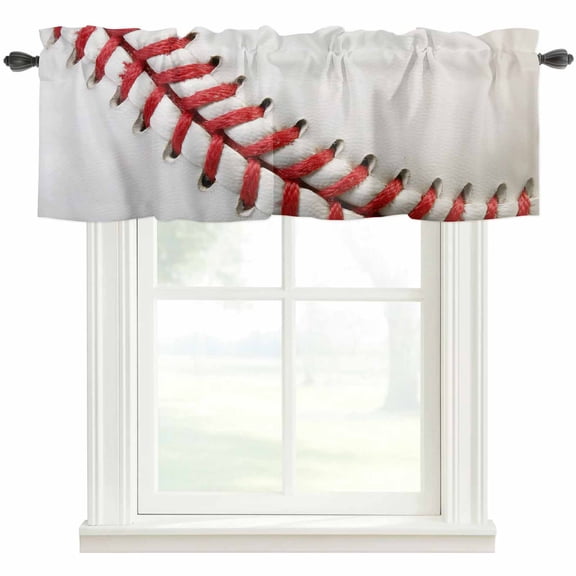 Baseball Kitchen Valances for Windows, Red White Texture Sports Ball Minimalist Bathroom Window Valances 54x18 Inch Rod Pocket Window Treatments Valance Curtains for Living Room Bedroom Decor