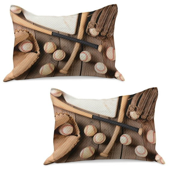 Baseball Knitted Quilt Pillowcover Set of 2, Sports Themed Close Up Photo of Rustic Style Hobby Concept Art Print, Standard Queen Pillow Sham Bedroom, 30" x 20", Brown and Pale Brown, by Ambesonne