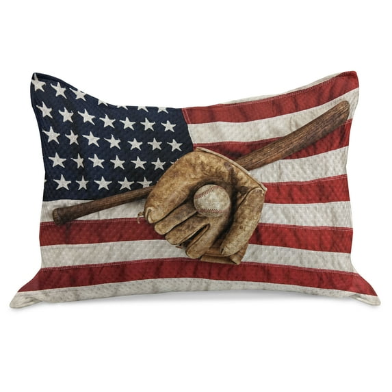Baseball Knitted Quilt Pillowcover, Vintage Baseball League Equipment Usa Grunge Glove Bat Fielding Sports Theme, Standard King Size Pillow Cover for Bedroom, 30" x 20", Brown Red Blue, by Ambesonne