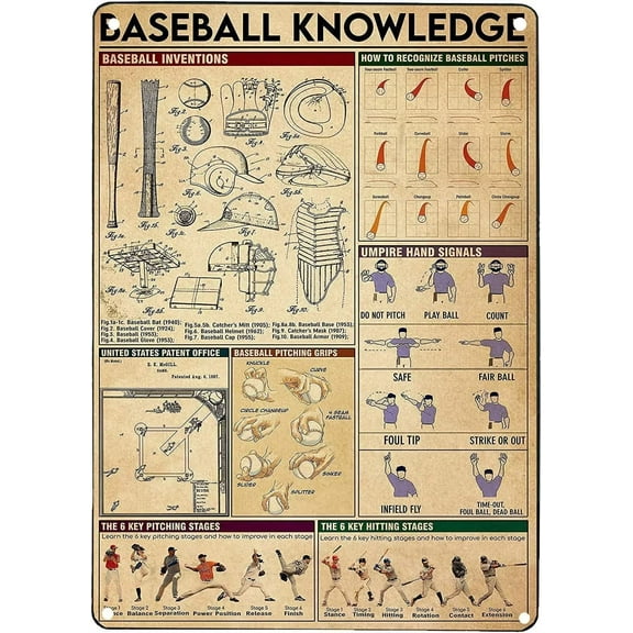 Baseball Knowledge Metal Sign Vintage Baseball Lovers Tin Poster Kitchen Studio Office Cafe Cave Home Wall Art Decor Plaque Size: 12 x 16 inch