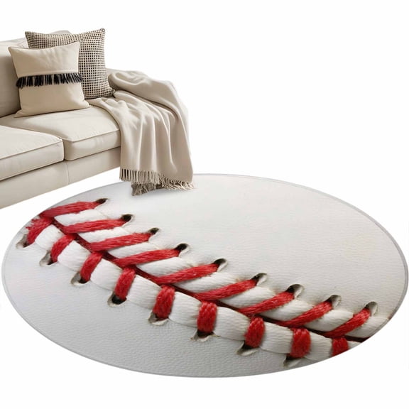 Baseball Large Area Rugs for Bedroom Living Room, Soft Non Slip Carpet Bedside Rug, Red White Texture Sports Ball Minimalist Round Floor Cover Kitchen Accent Rug 3' for Dining Room/Office