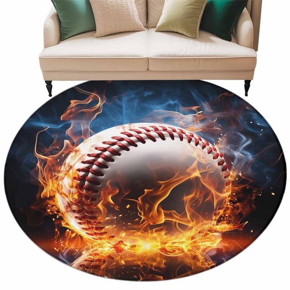 Baseball Large Area Rugs for Bedroom Living Room, Soft Non Slip Carpet Bedside Rug, Sports Theme Gradient Orange Blue Black Round Floor Cover Kitchen Accent Rug 5' for Dining Room/Office