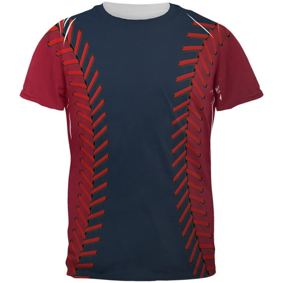 Baseball League Navy Blue and Scarlet All Over Mens T Shirt