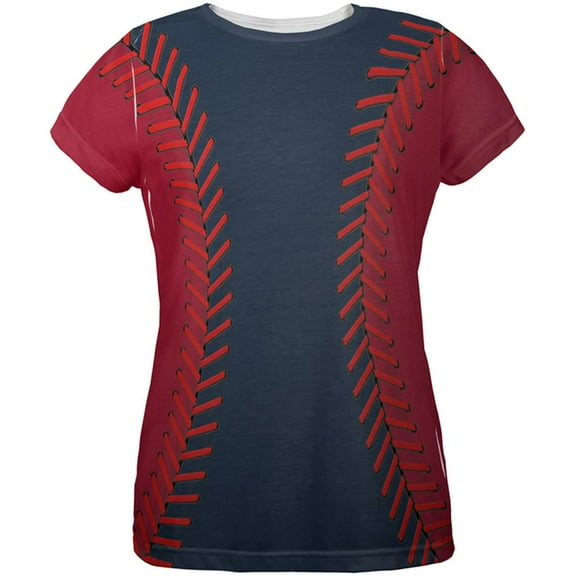 Baseball League Navy Blue and Scarlet All Over Womens T Shirt Multi X-LG
