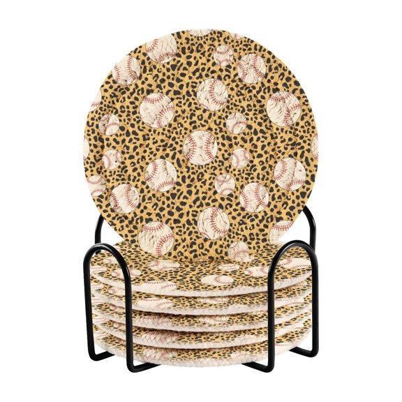Baseball Leopard Print Pattern Bar Coasters 6 Pack Braided Coasters with Holder Absorbent Heat Resistant