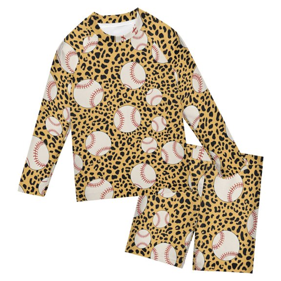 Baseball Leopard Print Pattern Boys' Bathing Suit UPF 50+ Boys' Rash Guard Sets Stretchy Quick Dry 3T-10T