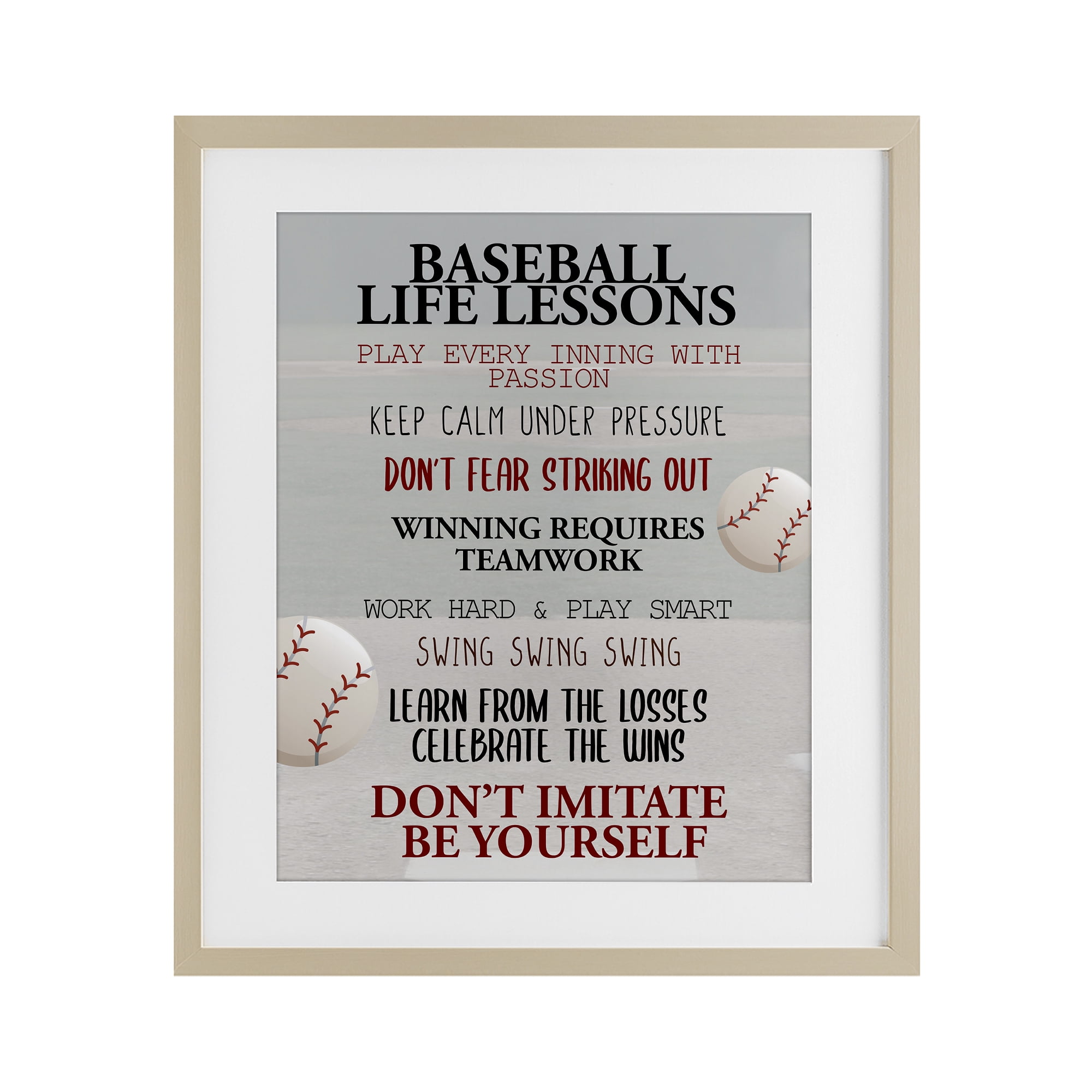 Baseball Life Lessons Birch Framed Print Under Glass, design by Kim Allen