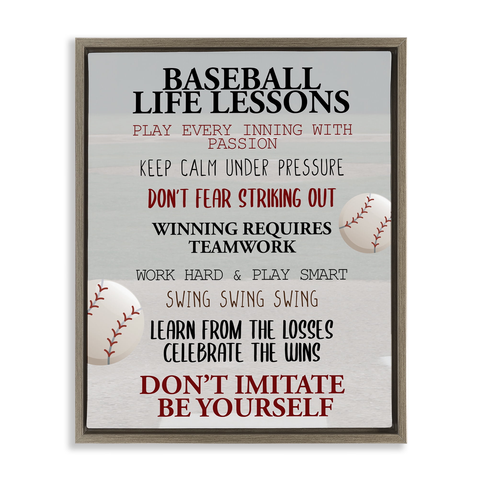 Baseball Life Lessons Brown Framed Floater Canvas Wall Art, design by Kim Allen