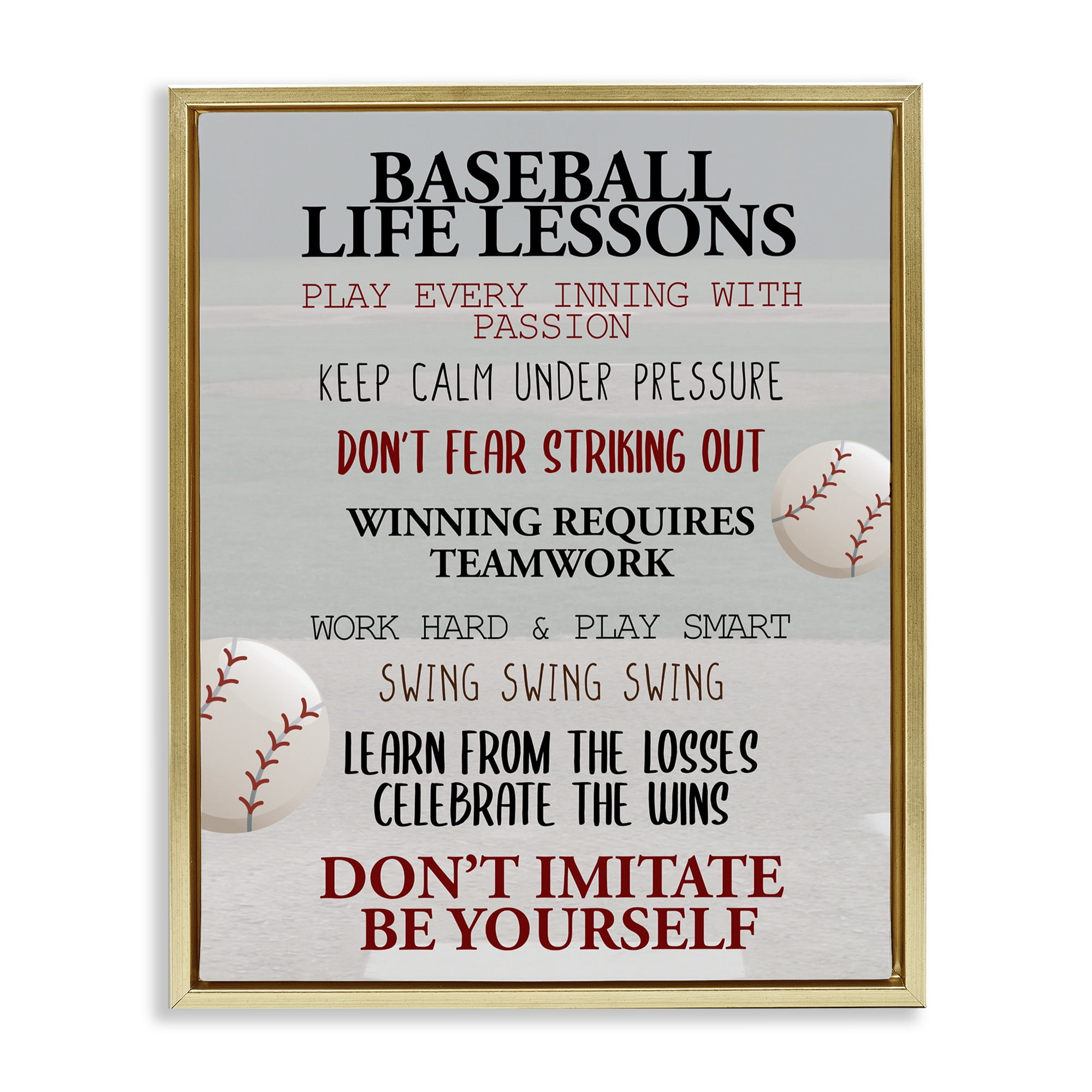 Baseball Life Lessons Gold Framed Floater Canvas Wall Art, design by Kim Allen