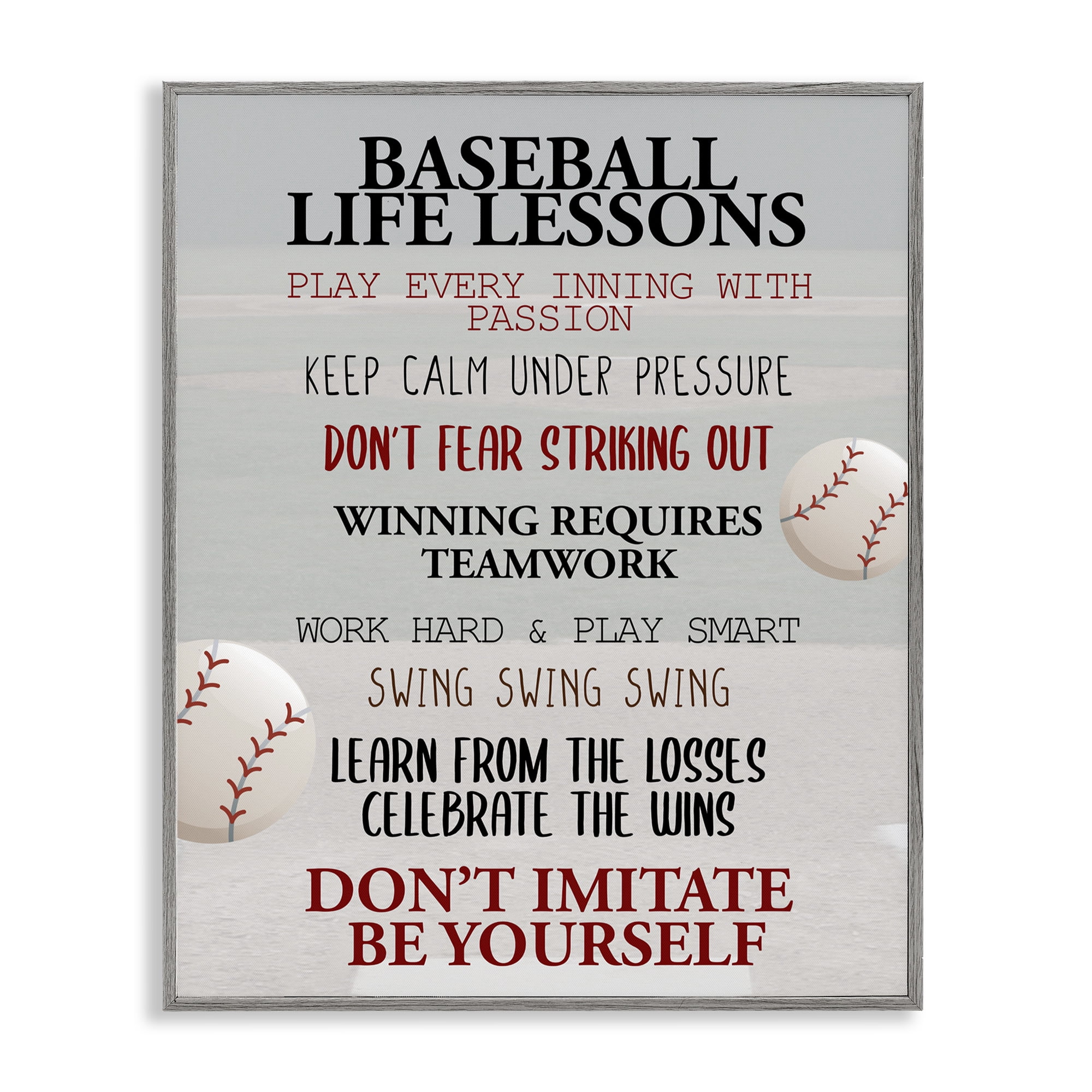 Baseball Life Lessons Gray Framed Giclee Art, design by Kim Allen