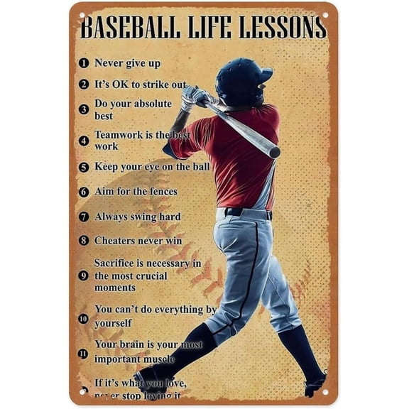 Baseball Life Lessons Metal Sign Tin Wall Art Poster 12x8 Inch Motivational Educational Sports Decor for Player Coach Dugout Locker Room Man Cave Garage Gym Office Bedroom Gift