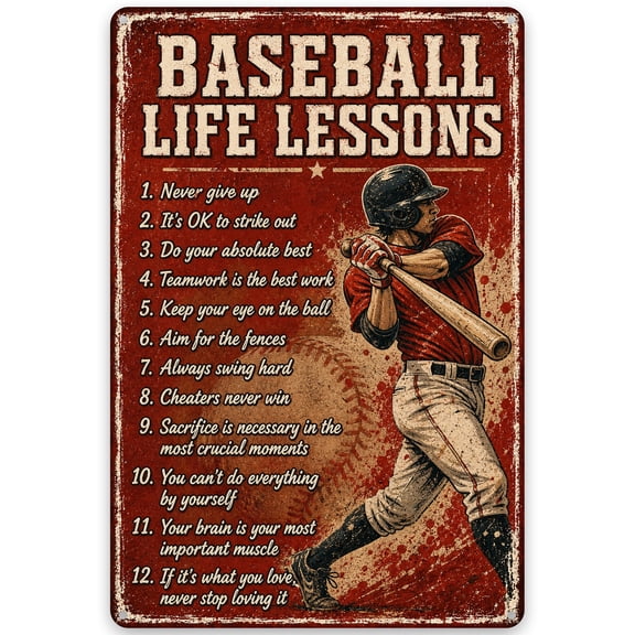 Baseball Life Lessons Metal Wall Decor Sign 8x12 Inch - Vintage Style Home Decoration, Inspirational Sports-Themed Art with Pre-Drilled Holes for Easy Hanging, Indoor/Outdoor Use, Rustic Finish