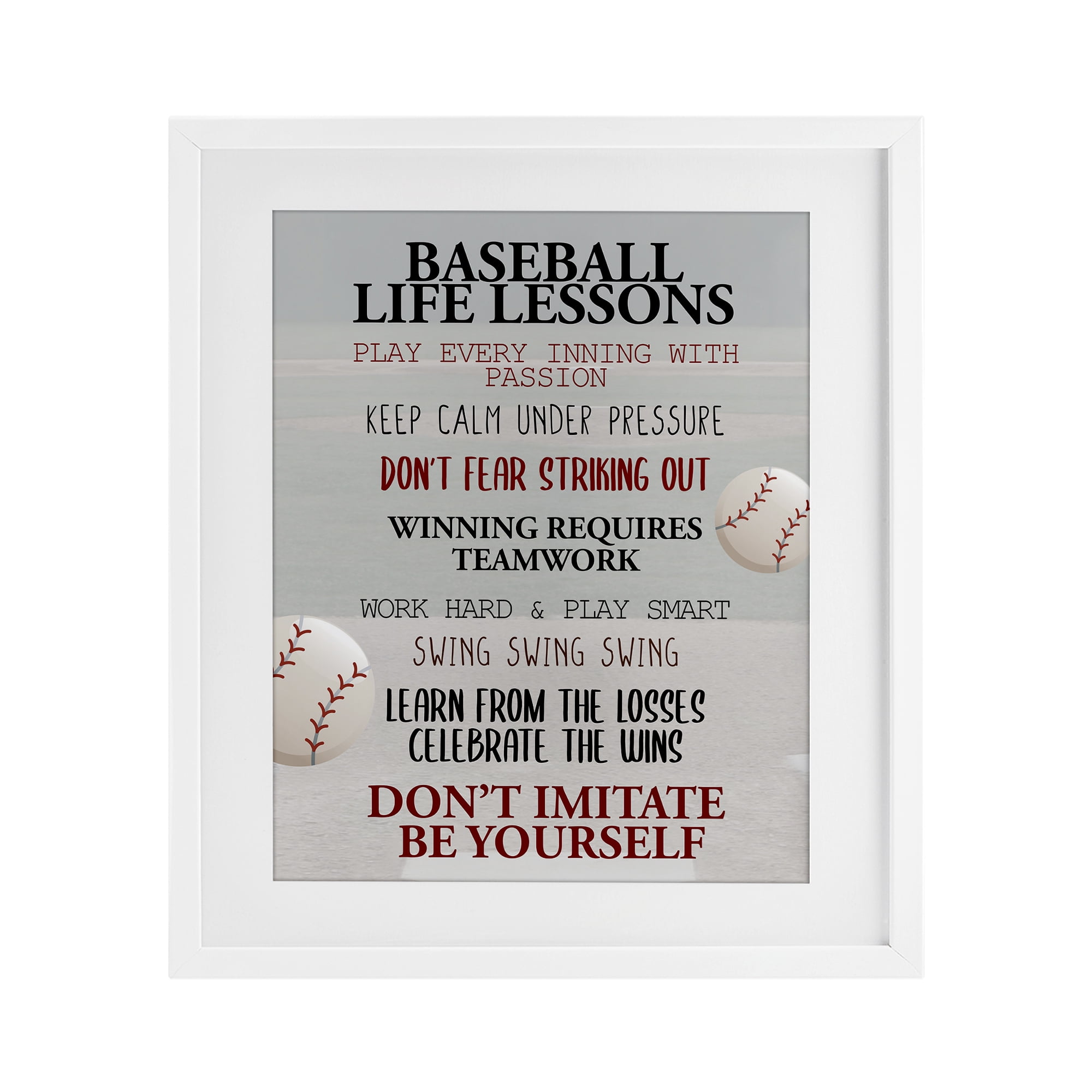 Baseball Life Lessons White Framed Print Under Glass, design by Kim Allen