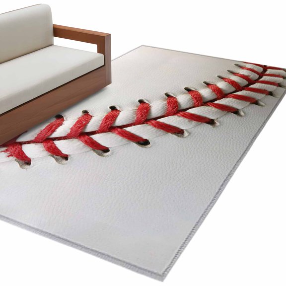 Baseball Living Room Rug 4x6 Washable Area Rug for Bedroom, Non-Slip Dining Room Rugs Red White Texture Sports Ball Minimalist Indoor Carpet for Kitchen Entryway Office Nursery Laundry