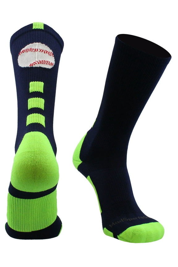 Baseball Logo Crew Socks (Navy/Neon Green, Large)