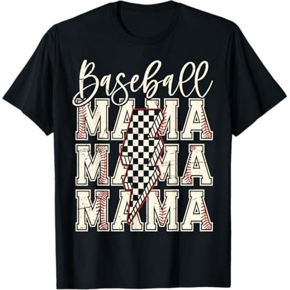 Baseball Mama Checkered Lightning Bolt Graphic Tee Sports Mom Mother's Day Top Comfort Colors Unisex Cotton T-Shirt, Size S-3XL
