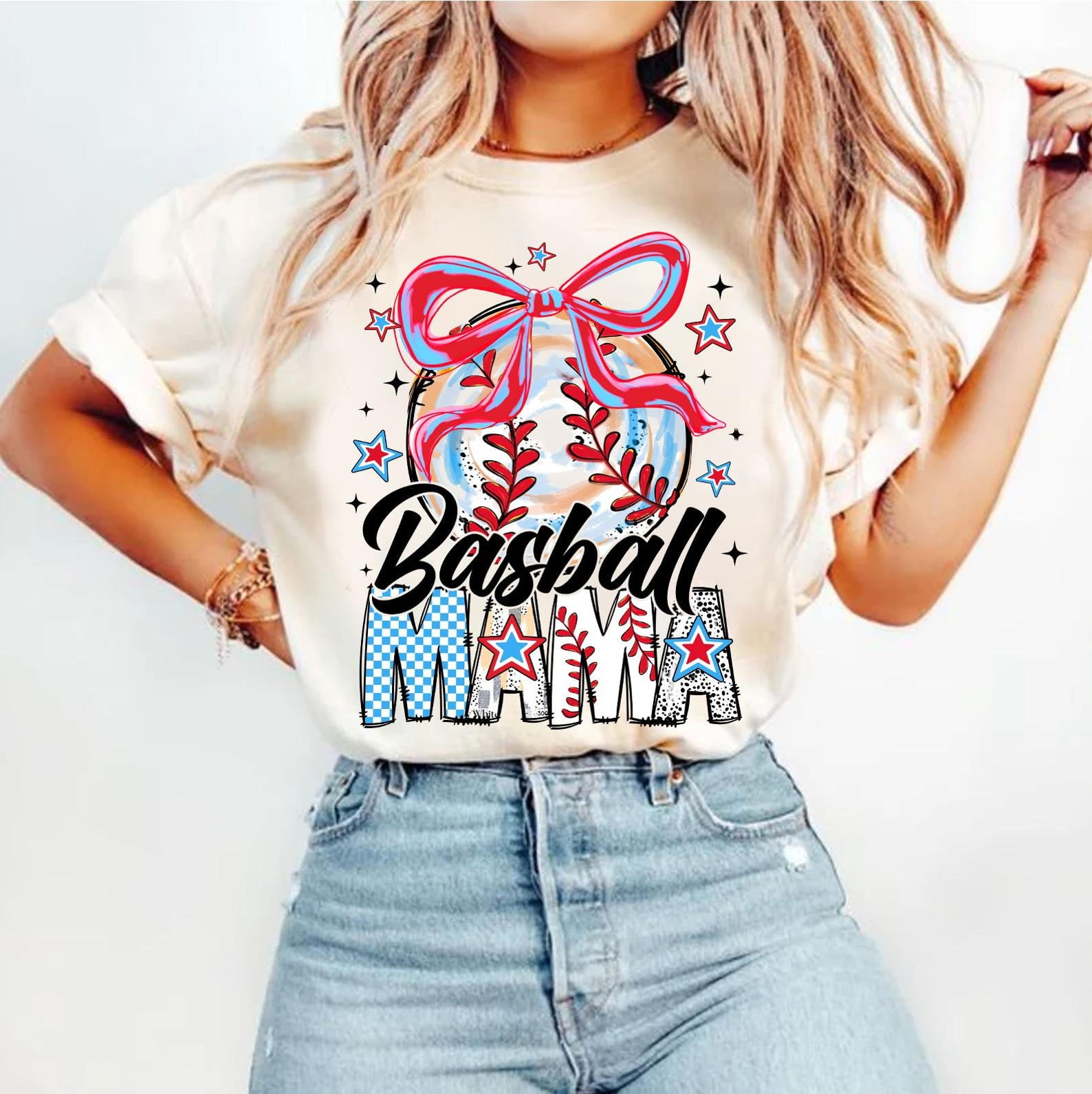Baseball Mama Coquette T-Shirt, Brushstroke Baseball Tee, Game Day Baseball Shirt, Baseball Bow Shirt, Stars Doodle Baseball Mom